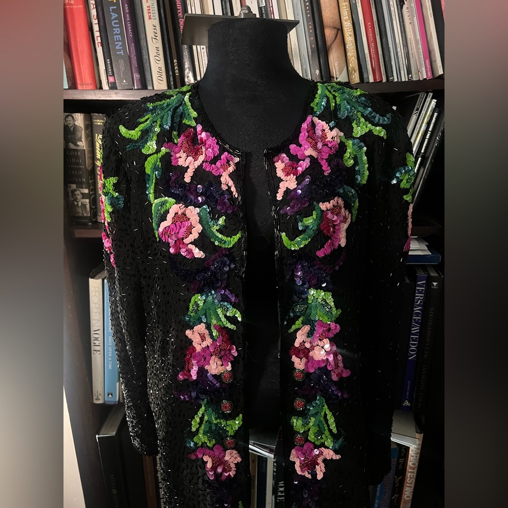 Vintage CHAMANI sequined Embroidered Floral multi Embellished Black Cardigan